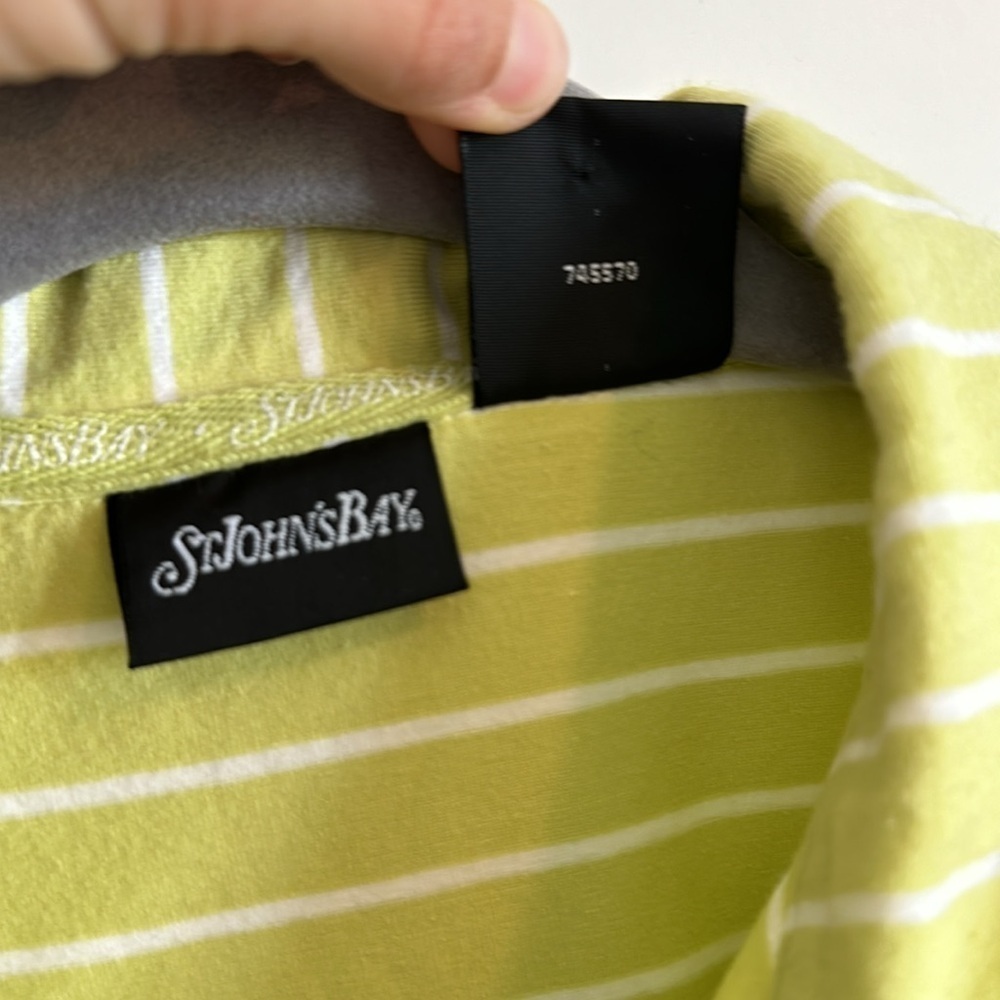 St. John's Bay Women's S Zip Neck Polo Tee Shirt Lime Green White Stripe Preppy - Picture 6 of 15